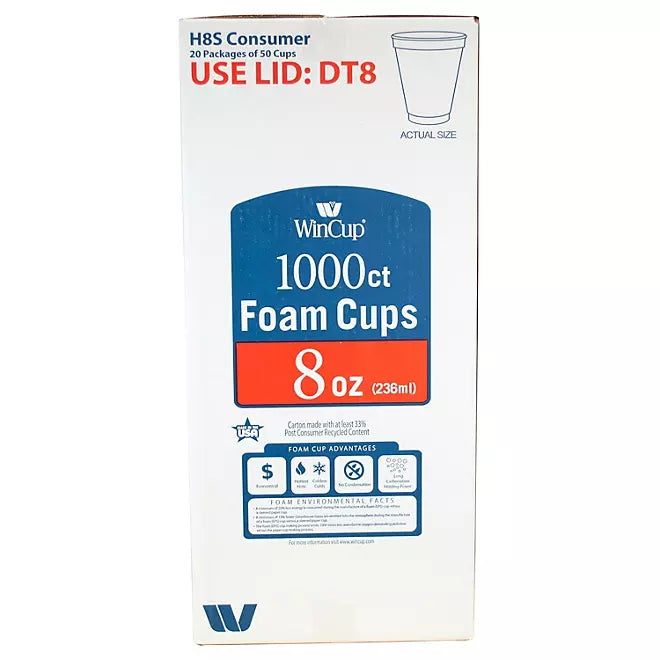 WinCup Foam Drink Cups, White, Choose Size